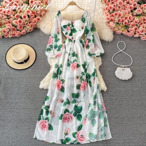 Autumn Summer Flower Maxi Dress Women Lantern Sleeve Strapless Padded Cup Floral Rose Printed High Split Long Chiffon Vestidos
