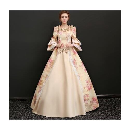 100%real luxury floral printing ruffled collar court medieval dress princess queen cosplay gown ball long dress/ball gown