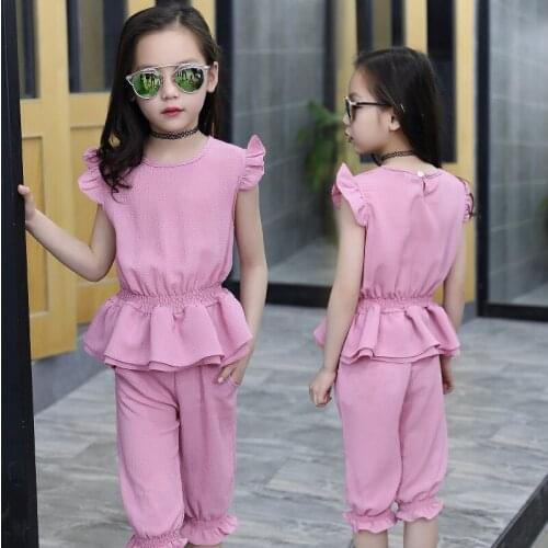 2017 Girls Summer Suit Childrens Wear New Cuhk Short Sleeve Tops +pant Two-piece Sportswear Sets 3-12 Ages Free Shipping