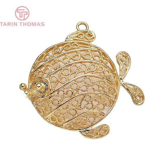 6PCS 34x34MM 24K Gold Color Plated Brass Hollow Twist Fish Charms Pendants High Quality DIY Jewelry Making Findings