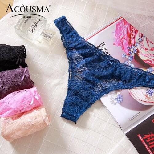ACOUSMA Sexy G-String Women Floral Lace Hollow Out Transparent Thin Underwear Mid Waist Elastic Panties T Back Thongs 5 Colors