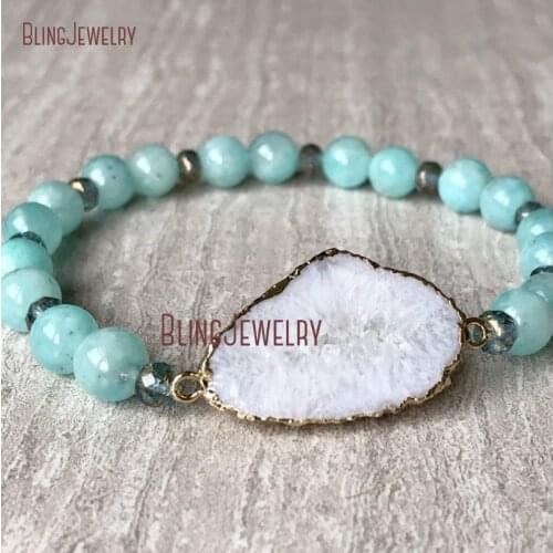 BM33698 Robins Egg Blue Amazonite Beads Stacking Bracelet White Druzy Geode Charm Bracelet
