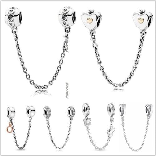 Authentic 925 Sterling Silver Rose Gold Dangling Crown O Clip Safety Chain Bead Fit Pandora Bracelet & Necklace Jewelry