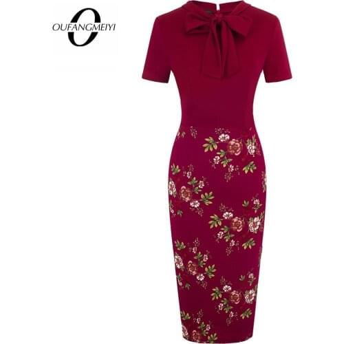 Elegant Women Floral Patchwork Bow Slim Office Lady Short Sleeve Charming Fashion Dress EB535