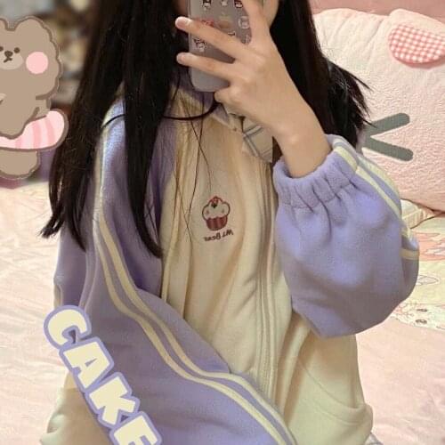 Kawaii zipper hoodie female Japanese preppy style sweet and cute cartoon embroidery casual cardigan Harajuku oversize outerwear