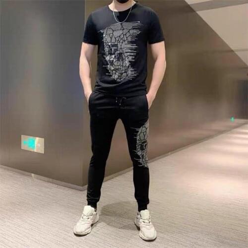 Mens fashion hot drilling sportswear suit mens T-shirt+pants casual jacket suit