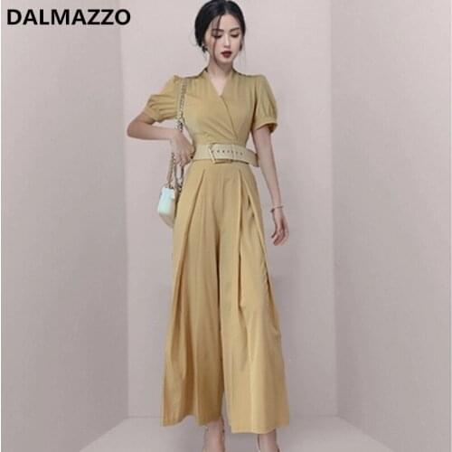 DALMAZZO 2021 Newest Summer Women Fashion V Neck High Waist Loose Jumpsuit Wide-Leg Rompers Casual Long Pants With Belt Female