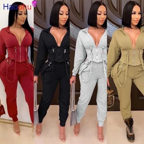 HAOOHU Autumn Womens Set Lace-Up Hooded Zipper Top Jogger Pants Suit Active Wear Tracksuit Two Piece Set Fitness Outfit
