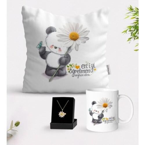 Personalized Daisy Themed Best Teacher White Mug Cushion and Is Daisy Necklace Gift Seti-9