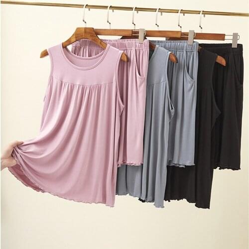 Fdfklak Big Size M-XXL Two Piece Set Nightwear Pajamas For Women Summer Modal Sleeveless Short Pant Solid Color Home Suit