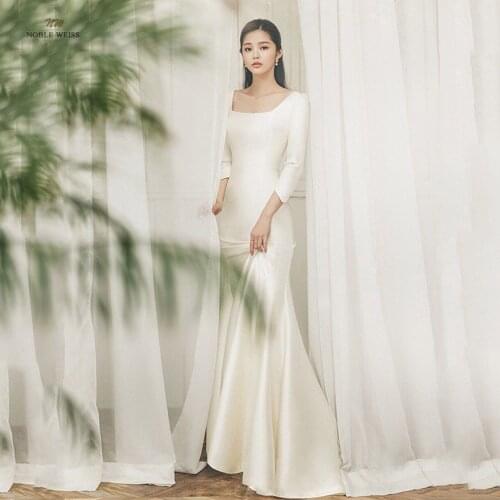 Mermaid Wedding Dresses 3/4 Sleeve Elegant Satin Bride Dress Wedding Gowns Vestido De Noiva With Train