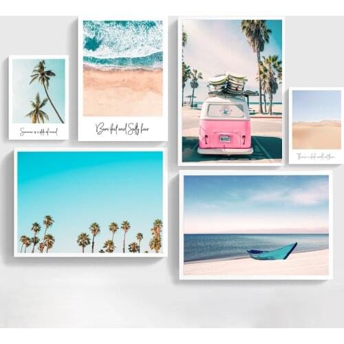 Pink Bus Poster Home Decor Wall Art Canvas Painting Nordic Sea Beach Landscape Paintings Wall Picture for Living Room Decoration