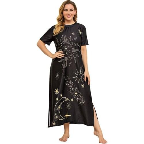 Cartoon Graffiti Print Plus Size Dresses Loose Black Casual Long Maxi Dresses for Women Elegant Casual Summer Dress T2052