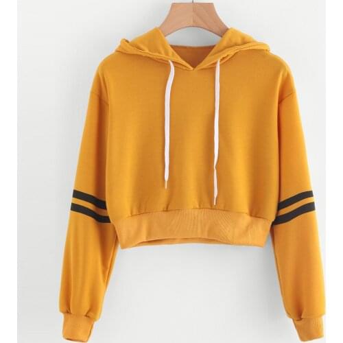 S-XL Women Varsity-Striped Drawstring Crop Hoodie Sweatshirt Fashion Solid orange Jumper Crop Pullover Tops Trendy Streetwear