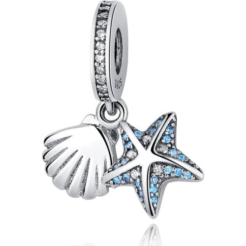 Free Shipping Authentic 925 Sterling Silver Starfish Sea Shell Dangle Charm Fit Original Pandora Bracelet For Women DIY Jewelry