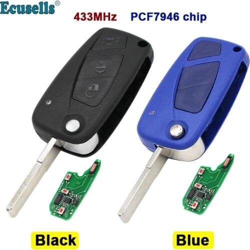 Folding flip 3 Button Remote Key 433Mhz PCF7946 Chip with Uncut Blade For Fiat 500 Panda Idea Punto Stilo Ducato Black