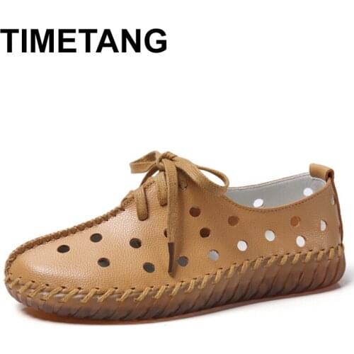 TIMETANGSpring Genuine Leather Breathable Womens Shoes Large Size Shallow Hollow Flats Mother Shoes Casual Daily ZapatillasMujer