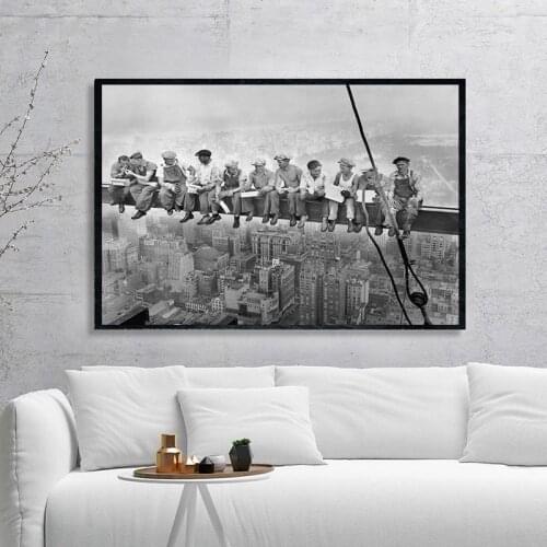 Vintage Canvas Painting Home Decoration New York City View Lunch On a Skyscraper Wall Art Picture Black and White Poster