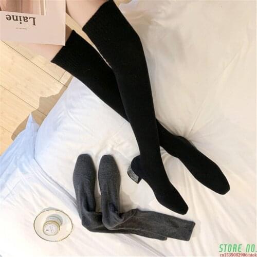 2021 Women Stretch Sock Long Tight High Boots Glitter Square 4cm Low Heels Fetish Over The Knee Boots Stripper Winter Gray Shoes