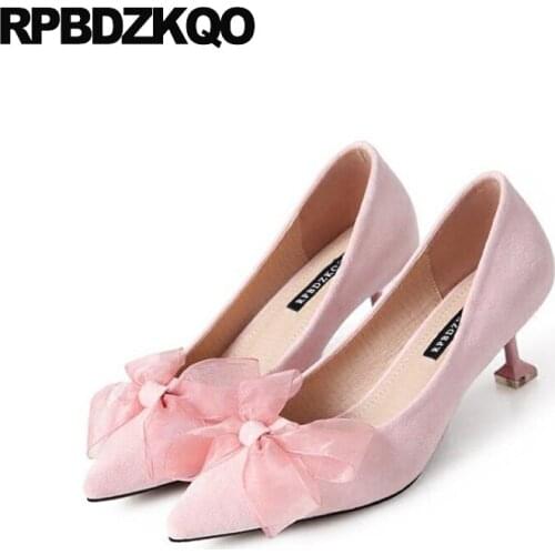 Size 4 34 Kitten Thin Pink Sweet Medium Heels High Kawaii 33 Blue Suede Shoes Women Cute Pumps Bow Pointed Toe 2019 Dress Chic