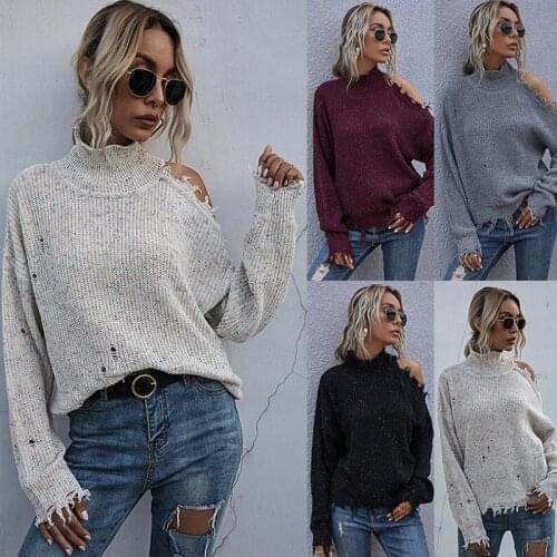 New Womens Fashion Autumn and Winter Solid Color Pullover Strapless Hole Long Sleeve High Neck Knitted Sweater