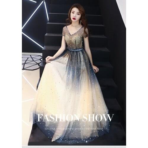 Evening dress female 2019 new spring banquet elegant long soft yarn paragraph sequined dress sexy socialite party