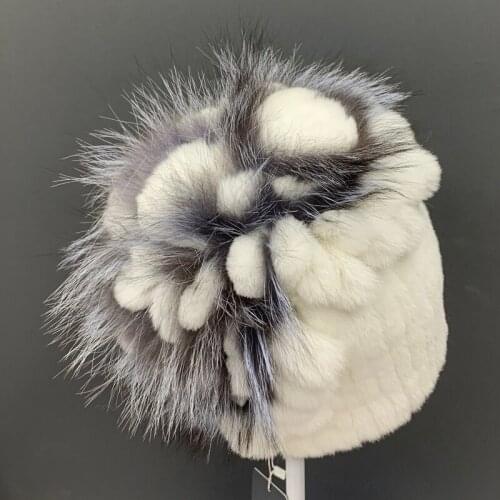 Winter warm hats for women floral stylish white beanies natural rabbit fox fur fluffy snow fur hats hand knitted sewn rabbit hat