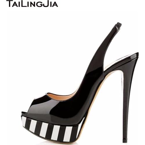 Peep toe Platform High Heels for Women Shiny Black Nude Red Leopard Slingbacks Sexy Sandal Cute Pumps Extremely High Dress Shoes
