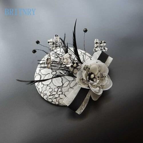 BRITNRY Fashion Wedding Hat Elegant Flowers Ivory with Black Bridal Hat Lace Feather Fascinator Hats
