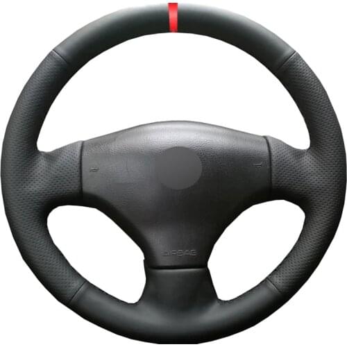 Black PU Faux Leather DIY Hand-stitched Custom Red Marker Car Steering Wheel Cover for Peugeot 206 2002-2006