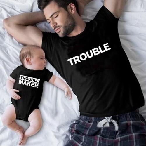 Funny Trouble and Trouble Maker Family Matching Clothes Dad Mom and Kid Tshirt Baby Romper Cotton Family Look Fathers Day Outfit