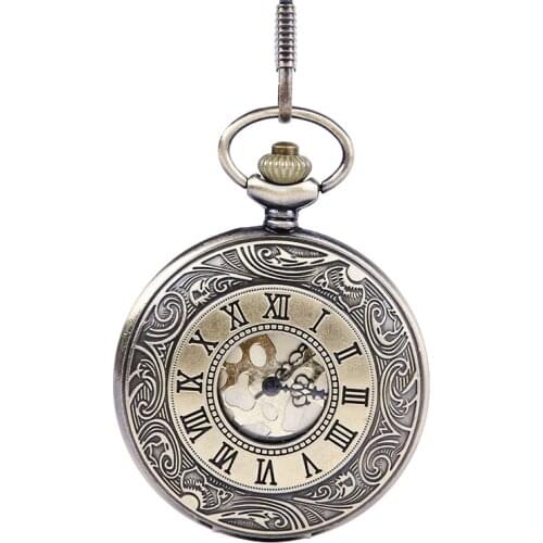 Retro Golden Surface Clamshell Large Classical Roman Numerals Fashion Pocket Watch with Waist Chain