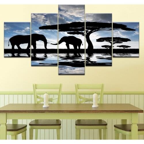 Canvas Painting 5 Panel Wall Art Modular Pictures Elephants Tree Print Poster Canvas for Living Room Home Decor Artwork