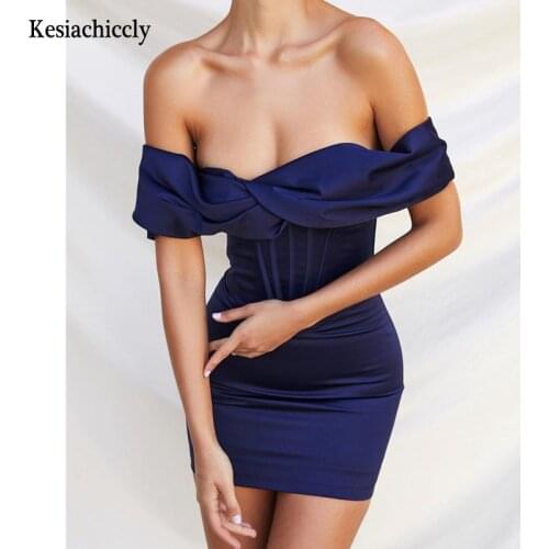 Kesiachiccly Slim Satin Dress Ruched Womens Mini Corset Dress Bodycon Party Night Club Off Shoulder Gown Elegant Dress Birthday
