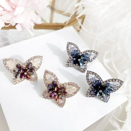 MENGJIQIAO Korean Cute Luxury Rhinestone Colorful Butterfly Stud Earrings For Women Girls Fashion Party Boucle D'oreille Jewelry