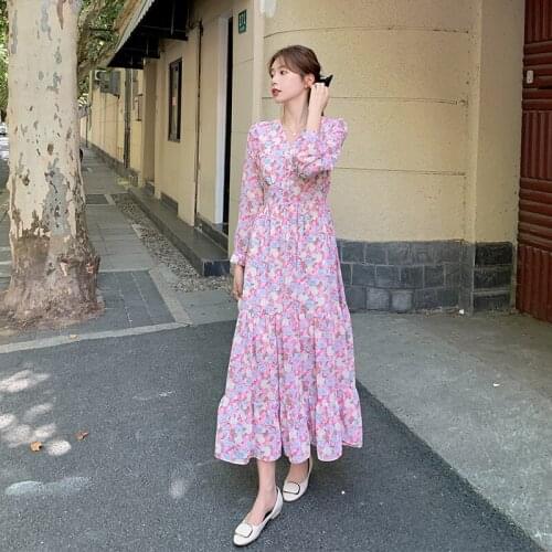 Hebe&Eos Autumn Women Floral Print Dress Vintage Elegant Long Chiffon Dresses Long Sleeve V-neck Maxi Dress Beach Boho Vestidos