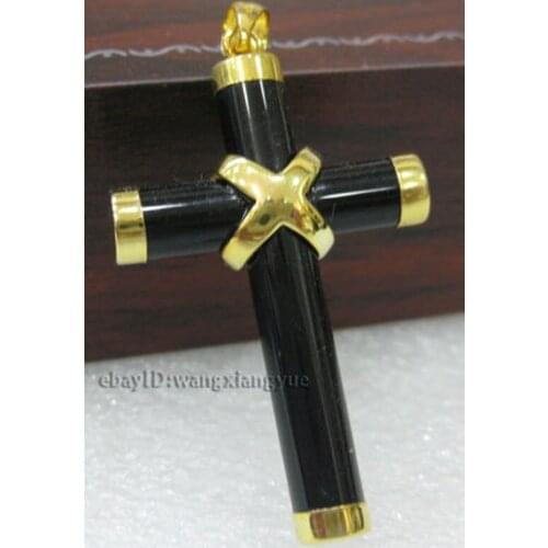 Natural Rich Black jade Agate Gemstone Cross Pendant Necklace AAA Grade