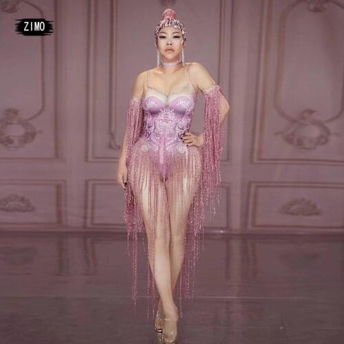 Sexy Pink Tassel Rhinestone Stage Jumpsuit Womens Nightclub Crystal Stretch Bodysuit Pole Dance birthday party Performance Wear