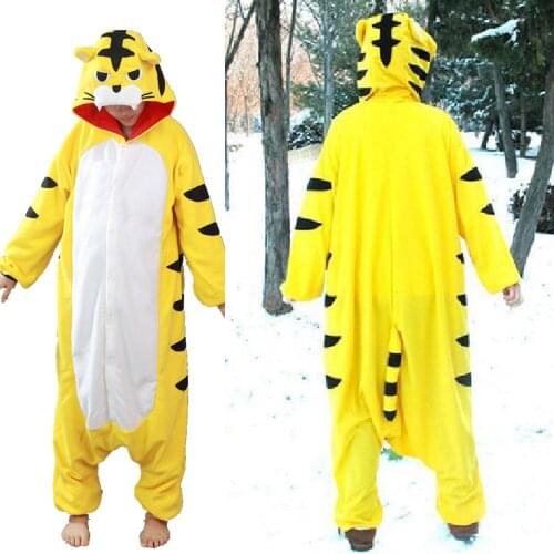 Animal Kigurumi Yellow Tiger Onsie Men Cartoon Pajamas Onesies For Adult Women One-Piece Pijama Fleece Halloween Cosplay Costume
