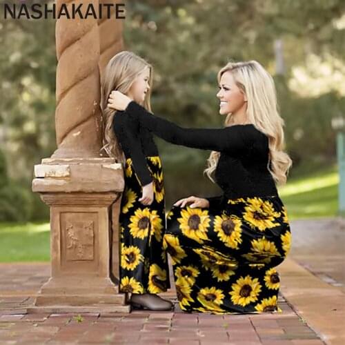 NASHAKAITE 2021 Mom And Daughter Dress Fall sunflower Print Long Dress Mom And Daughter Clothes winter sets mother and daughter