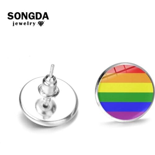 SONGDA Rainbow Lesbian Gay Pride Stud Earrings Silver Plated LGBT Symbol Art Patterns Glass Cabochon Earrings Hand Craft Jewelry