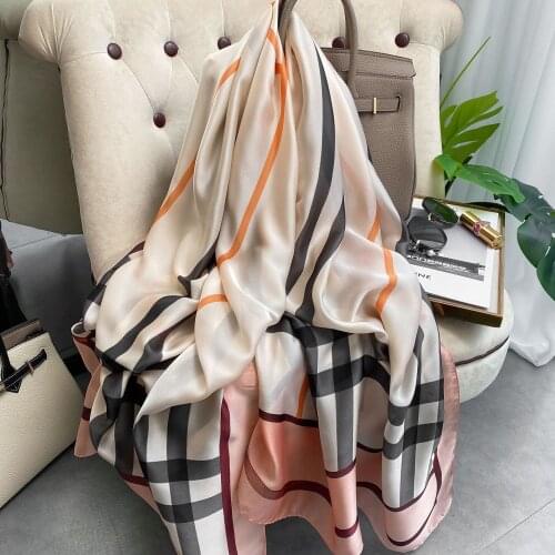 Luxury Brand Autumn Winter Printing French Satin Lattice Decoration Womens Silk Scarf Sunscreen Beach Shawl Wrap Ladies Hijab