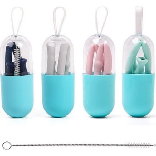 Silicone Straw Collapsible Reusable Folding Drinking Straw with Carry Case Cleaner Brush For Travel Home Office Bar Party Drink