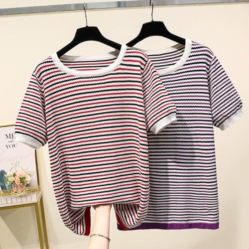 Oversize Thin mink cashmere sweater poullovers women short sleeve 2021 female casual Stripe basic fur sweater jumper mujer