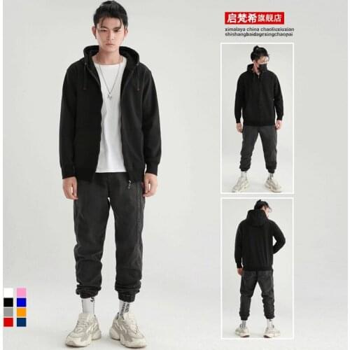 Zipper Sweater Mens Hooded Pure Color Japanese Retro Autumn and Winter Black Student Coat Loose Mens Cardigan Custom