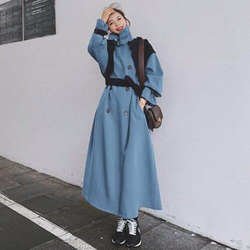 Fashion Retro Long Windbreaker Womens Trench Coat Design Sense Contrast Color Long Sleeve Double-Breasted 2021 Autumn New