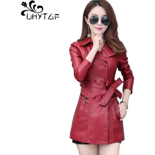 UHYTGFM-4XL Plus size New Slim long leather Jacket Women Autumn Winter Windbreaker Outerwear Double-breasted Leather Jacket 958
