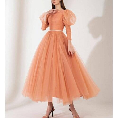 Vintage Long Sleeve O-Neck Tulle Orange Muslim Evening Dresses Zipper Back Pleated Formal Party Gowns wth Belt for Women