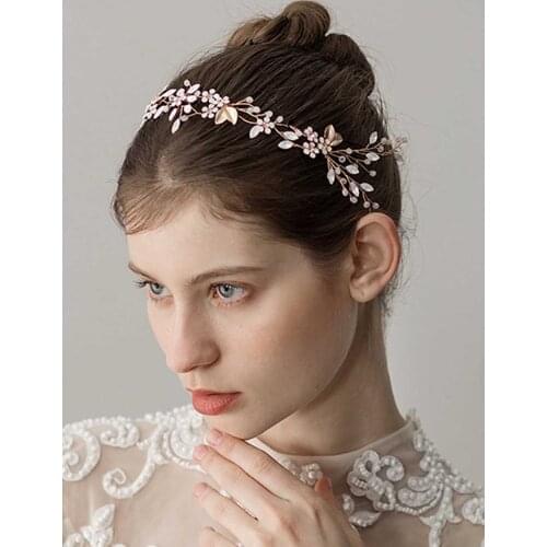Gold Leaves Rhinestone Bridal Headband Bohemian Headpiece Crystal Pearl Hair Vine Flower Halo Wedding Hair Accessories for Women