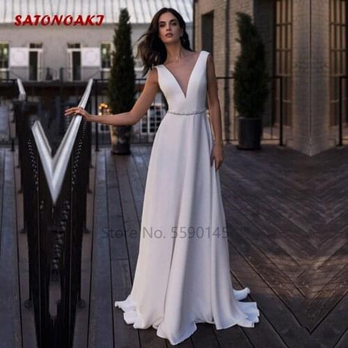 2020 Vintage Satin Wedding Dress V-Neck A-Line Beaded Sashes Backless Custom Made Beach Bridal Gown Vestido De Novia Online Shop